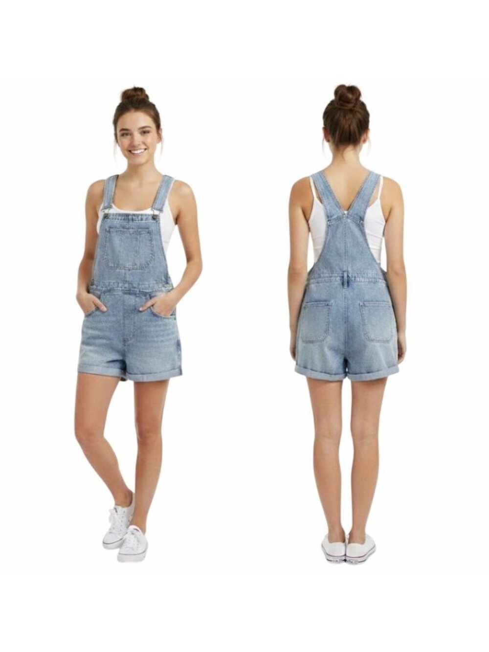 āCotton On 91 Womens Denim Overall Shorts Romper Sz 2 Blue Light Wash Rolled Hem
